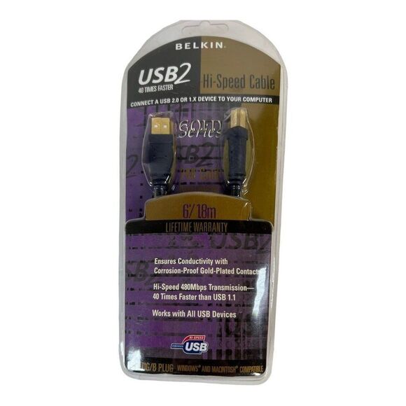 Belkin USB2 Hi-Speed USB Cable 24K Gold Plated Series 6' Type A-B 40X FASTER New - Picture 1 of 2